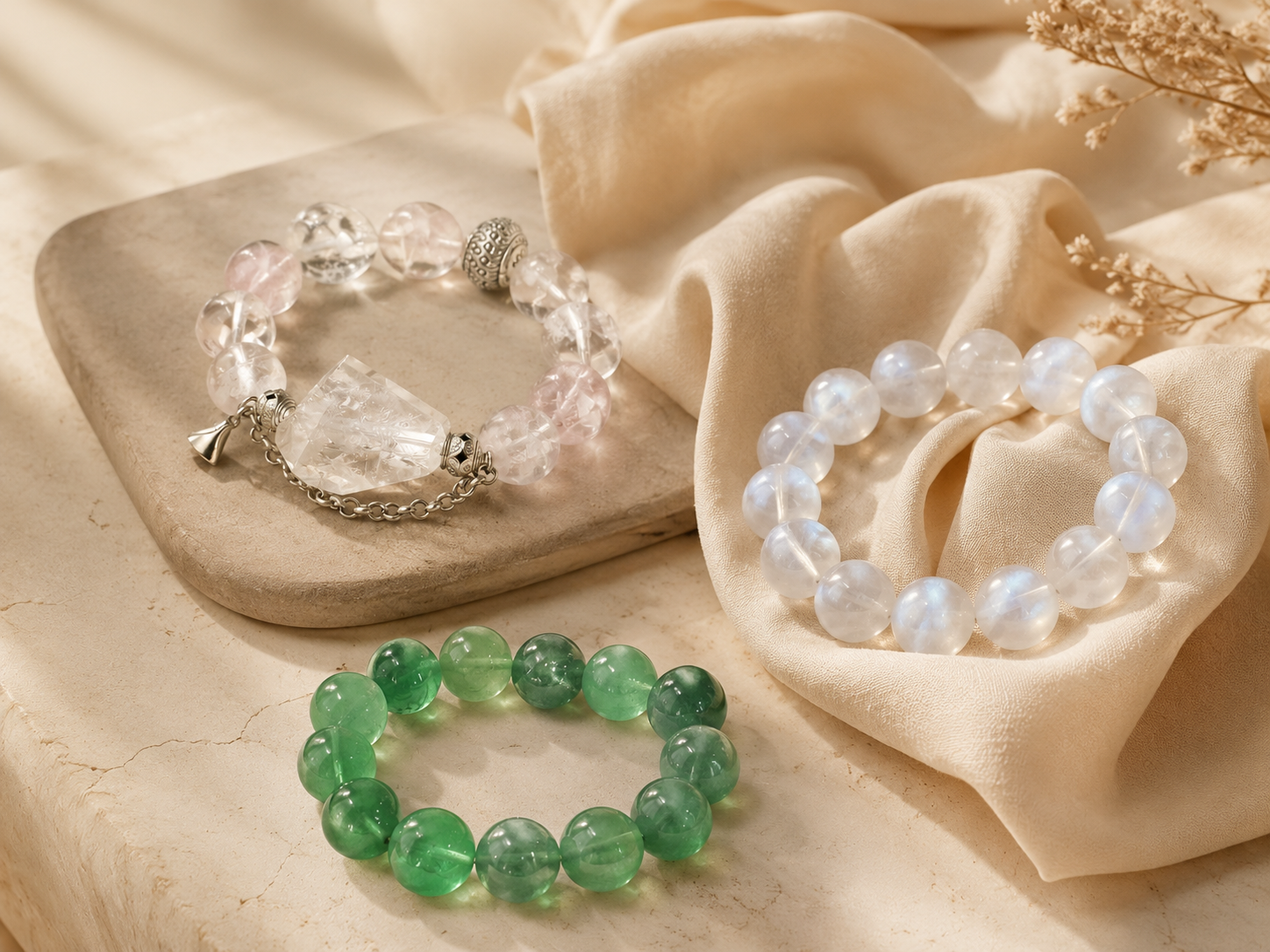 Curated crystal bracelet collection on soft beige fabric