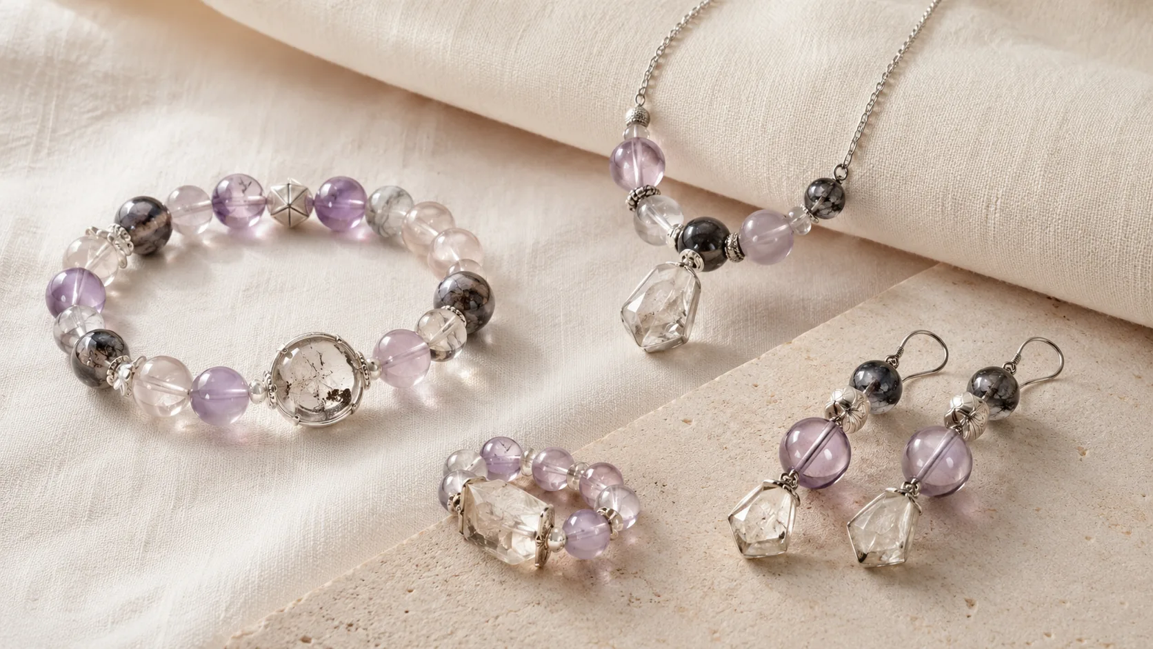 Gemstone jewelry set displayed on soft beige linen and stone